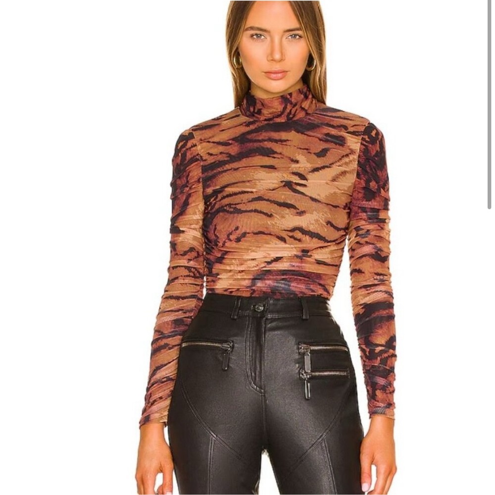 Camila Coelho Lara Bodysuit in Black Tiger Stripe Print Long Sleeve S